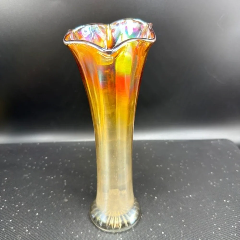 Vintage Marigold Carnival Glass‎ Iridescent Ruffled Trumpet Vase 8 Inch Sunburst